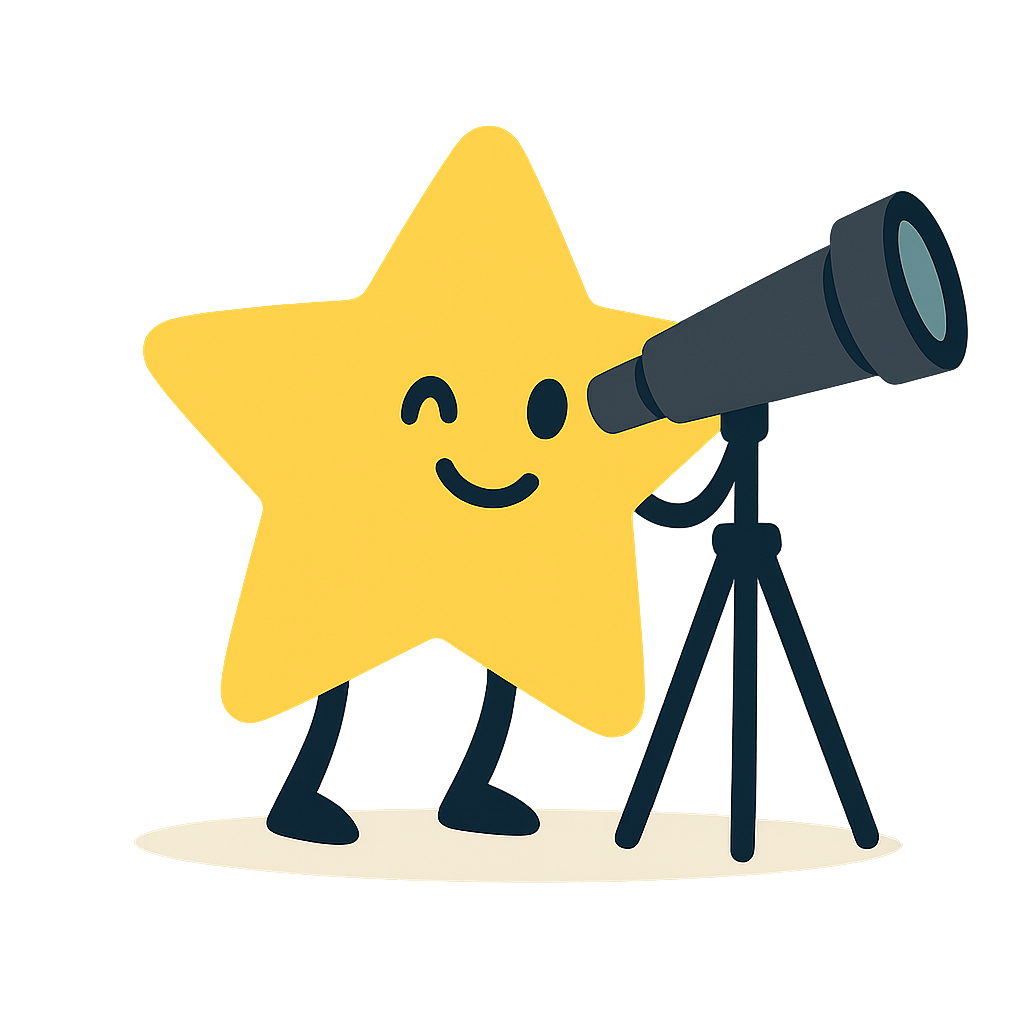 Smiling star using a telescope to represent curiosity, exploration and learning